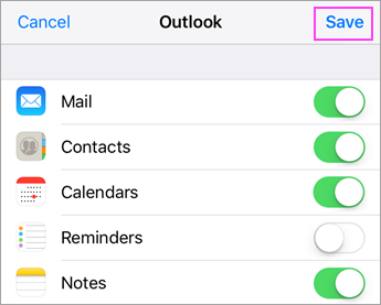 iPhone Mail sync settings screen with Mail Contacts Calendars Reminders Notes toggles and Save button